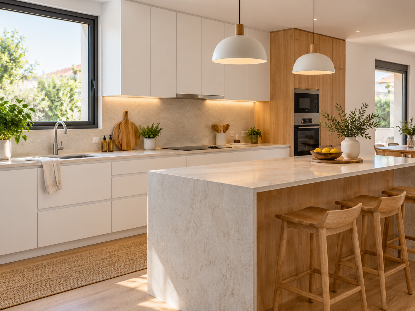Cocina moderna renovada con muebles blancos y detalles de madera
