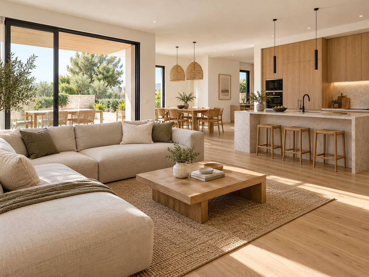 Salón y cocina renovados con acabados en madera natural